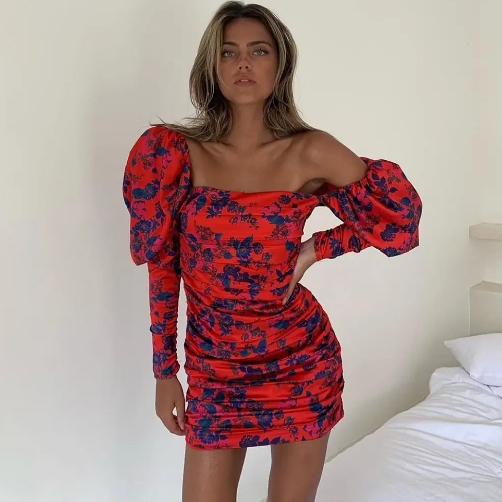For Love And Lemons Red and Blue Ruched Bodycon Dress